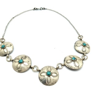 Vintage Native Made Turquoise & Sterling Silver Link Necklace - 15.5"