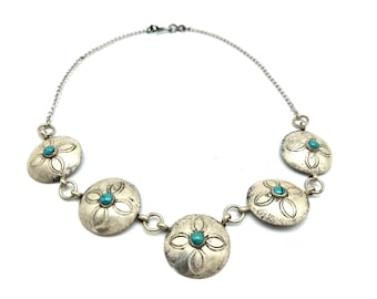 Vintage Native Made Turquoise & Sterling Silver Link Necklace - 15.5"