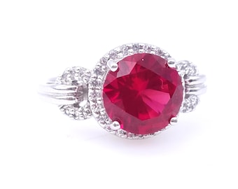 Sterling Silver, Ruby & White Topaz Ring - Size 6 3/4