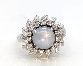 18K White Gold Natural Icy Blue Star Sapphire & Diamond Estate Ring - Size 8.25, Resizeable