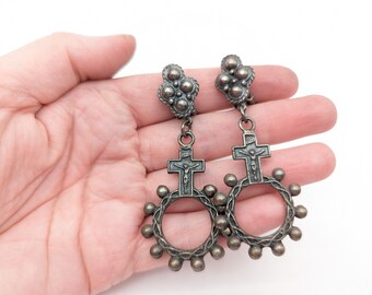 Vintage Silver Rosary Ring Cross Dangle Clip on Earrings - 2.75"