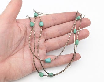 Vintage Triple Strand Native Liquid Sterling Silver & Turquoise Choker Necklace- 14.75"