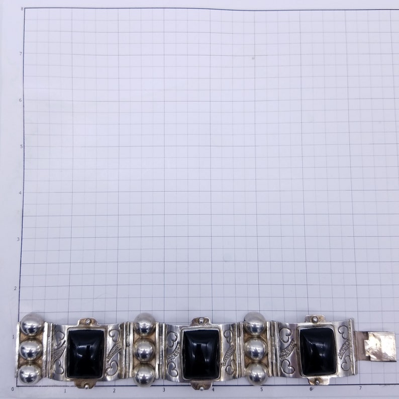 Vintage Mexican Onyx /& Sterling Silver Panel Bracelet Signed SR