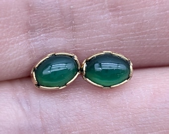 Vintage 14K Gold & Imperial Green Jadeite Oval Stud Earrings
