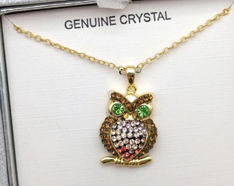 Gold Plated Austrian Crystal Owl Pendant Necklace - Old Stock