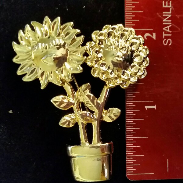 Vintage Potted Double Sunflower Goldtone Brooch Signed AJC