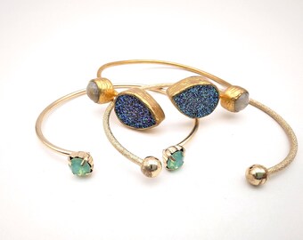 Lot of 3 Vintage Cuff Bracelets; Druzy, Labradorite & AB Rhinestone