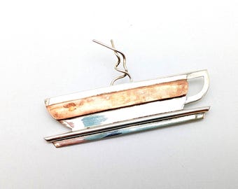 Sterling Silver & Copper Coffee Cup Brooch Signed Monaco Designs