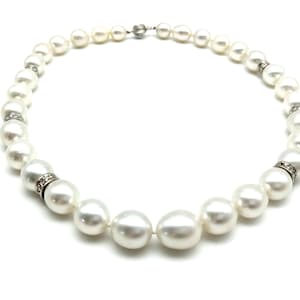 14K White Gold, Diamone & Jumbo Baroque White South Sea Pearl Estate Necklace - 16&quot;