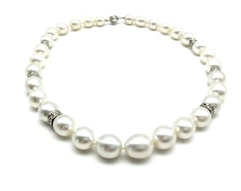 14K White Gold, Diamone & Jumbo Baroque White South Sea Pearl Estate Necklace - 16"
