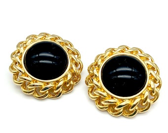 Vintage Gay Boyer Black Lucite & Gold Tone Chain Bezel Clip Earrings