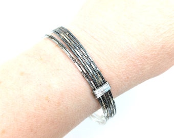 Set of 7 Oxidized, Etched Sterling Silver Bangle Bracelets 1mm Each, Connected