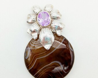 Artisan Botswana Agate, Amethyst & Sterling Silver Floral Pendant