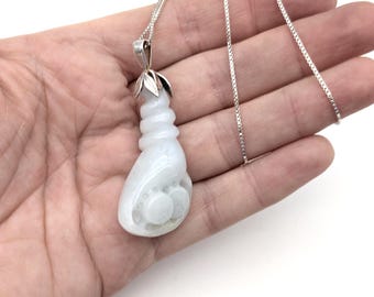Carved Icy Green Jade & Sterling Silver Shell Pendant Necklace - 20"