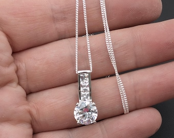Vintage Sterling Silver & 3 Carat CZ Solitaire Pendant Necklace - 18"