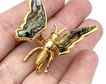 Vintage Butterfly Trembler Pin, Gold Tone & Faux Abalone - 1.5"
