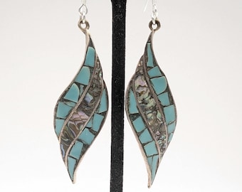 Vintage Sterling Silver, Abalone and Turquoise Inlay Dangle Earrings Made in Mexico - 2.5"