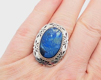 Sterling Silver & Azurite Adjustable Solitaire Ring - Size 7-10