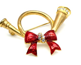 Vintage Golden Horn & Red Bow Holiday Brooch With Enamel and Rhinestones