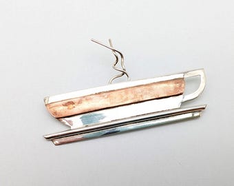 Unique Sterling Silver & Copper Coffee Cup Brooch Signed Monaco Designs