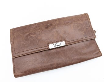 Vintage Fossil Distressed Brown Leather Tri-Fold Wallet - 7.25"