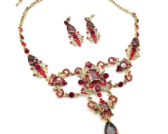 Ornate Red Rhinestone and Gold Tone Bib Necklace & Dangle Set