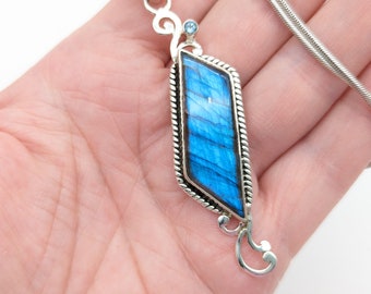 Vintage Artisan Blue Labradorite, Blue Topaz & Sterling Silver Pendant Necklace - 24"