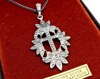 Art Deco Sterling Silver & Marcasite Cross Pendant Necklace - 18"