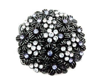 Vintage Lavender & White Rhinestone Floral Black Belt Buckle