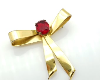 14k Gold Vermeil Sterling Silver Red Rhinestone Bow Brooch