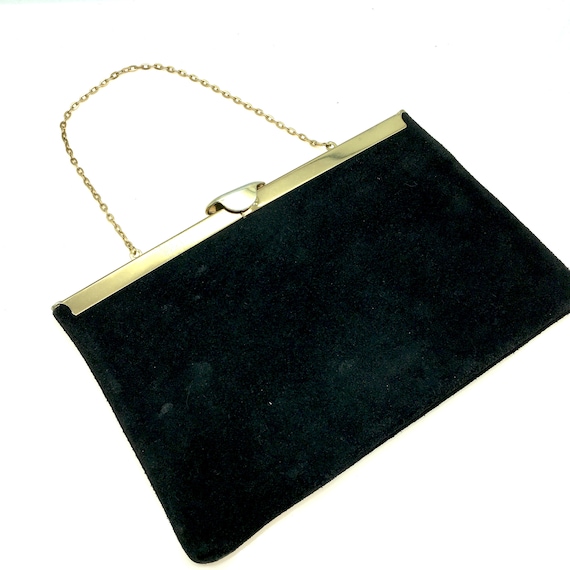 Vintage 1960s Black Suede Leather Handbag / Clutch - image 1