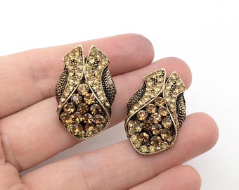 Vintage Gold Tone, Citrine & Brown Topaz Rhinestone Stud Earrings