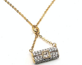 Signed Swarovski Crystal Studded Gold Plated Clutch Purse Pendant Necklace - 16-19" Adjustable