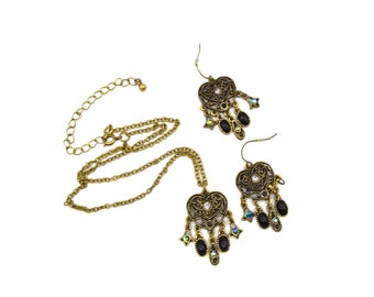 Vintage Bronze & Rhinestone Heart Dangle Necklace and Earrings Set