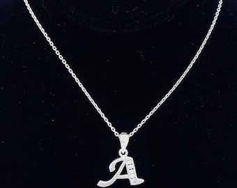 Vintage Sterling Silver & CZ Letter "A" Pendant Necklace - 18"