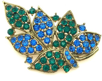 Vintage Blue & Green Rhinestone Leaves Brooch