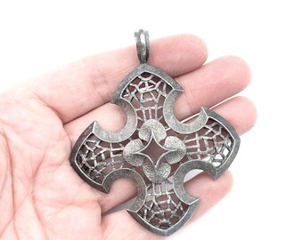 Oversized Antiqued Silver Tone Filigree Bolnisi Cross Pendant - 3"