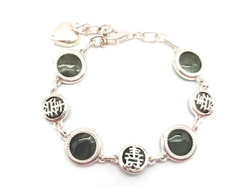 Vintage Jade & Sterling Silver Chinese Good Fortune Link Chain Bracelet - 6-7" Adjustable
