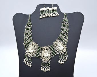 Vintage Egyptian Revival Beaded Bib Necklace & Earrings Set