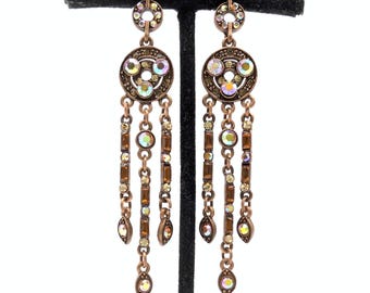 Elegant Bronze & Aurora Borealis Rhinestone Long Dangle Earrings