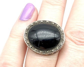 Huge Sterling Silver, Black Onyx & Marcasite Statement Ring - Size 7