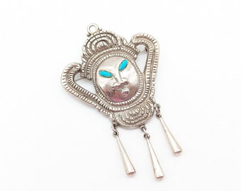 Large Vintage Silver Tone & Faux Turquoise Tribal Face Mask Dangle Brooch/Pendant - 3.5"