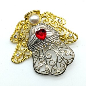 Vintage Gold & Silver Tone Angel Brooch With Heart Rhinestone Center