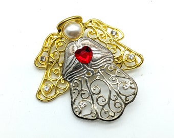 Vintage Gold & Silver Tone Angel Brooch With Heart Rhinestone Center