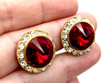 Rose Cut Ruby Red & White Crystal Rhinestone Gold Circle Clip Earrings - .75"