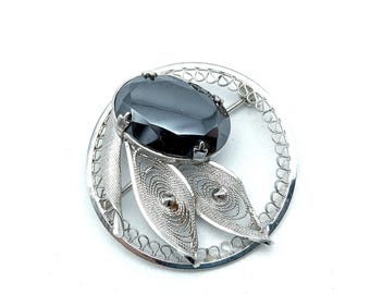 Vintage Sterling Silver & Hematite Floral Circle Brooch