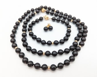 Vintage 14K Gold & Black Onyx Necklace, Bracelet, Earrings Set