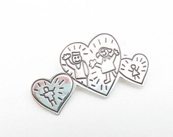 Sterling Silver Triple Heart Brooch With Etched Happy Family - 2"