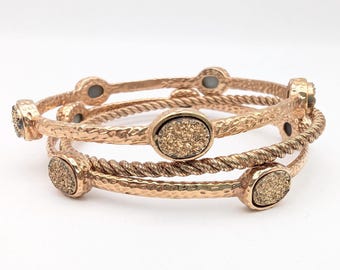 Set of 3 Vintage Druzy Quartz and Rose Gold Plated Bronze Bangles