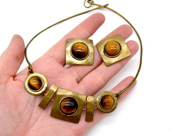 Vintage Tiger's & Brass Choker Necklace and  Earrings Set